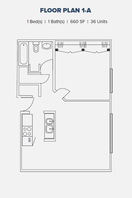 Floor plan for 1 bed, 1 bath, 660 sqft